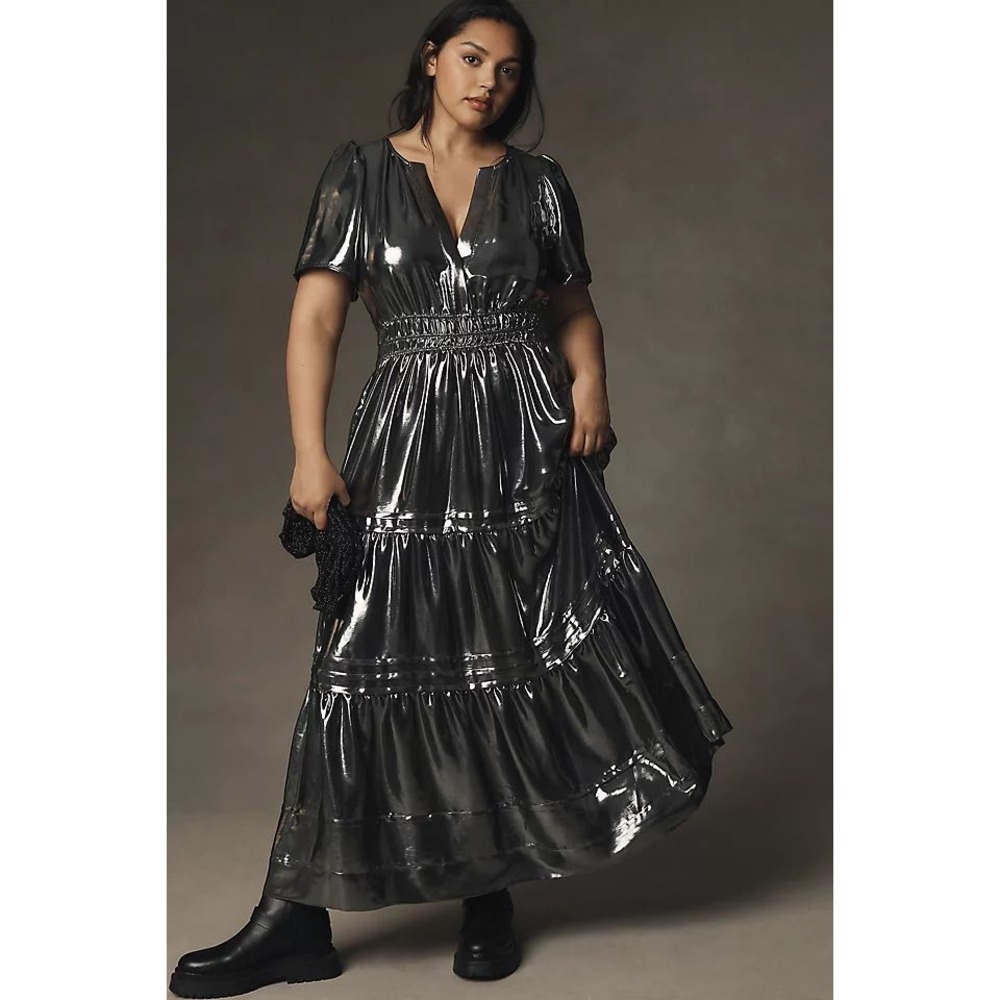Anthropologie Somerset Maxi Dress Shine Metallic Silver Tiered Pockets 1X